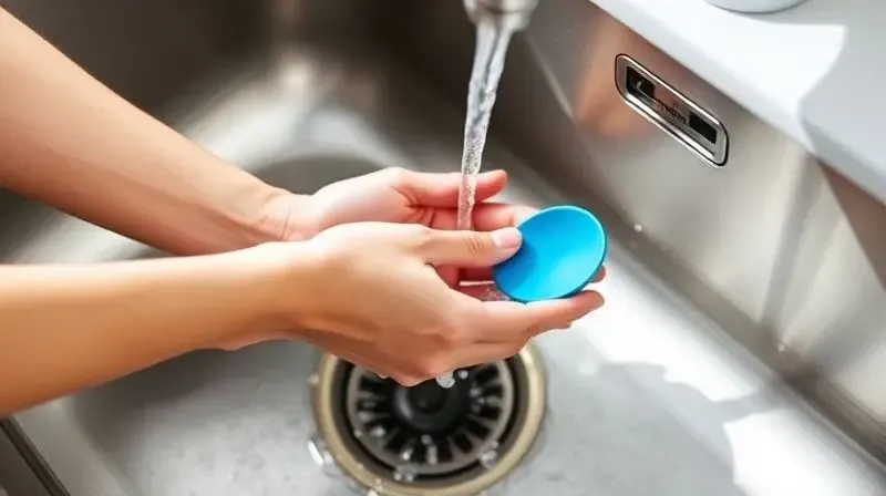 Mãos lavando uma colher de silicone azul em uma pia de inox com água corrente, ilustrando a facilidade de limpeza do utensílio.