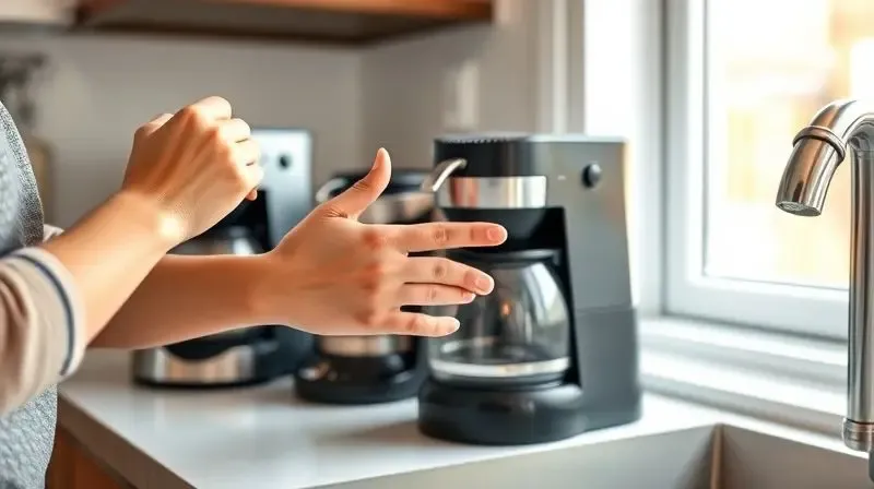 Pessoa analisando vários modelos de cafeteiras elétricas em uma bancada de cozinha, em processo de escolha.