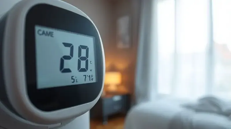 A photorealistic close-up of a digital thermometer showing a comfortable, cool temperature, with the blurred background of a 