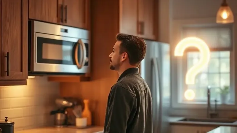 A photorealistic image of a person standing in their kitchen, looking at their built-in microwave with a curious and thoughtf