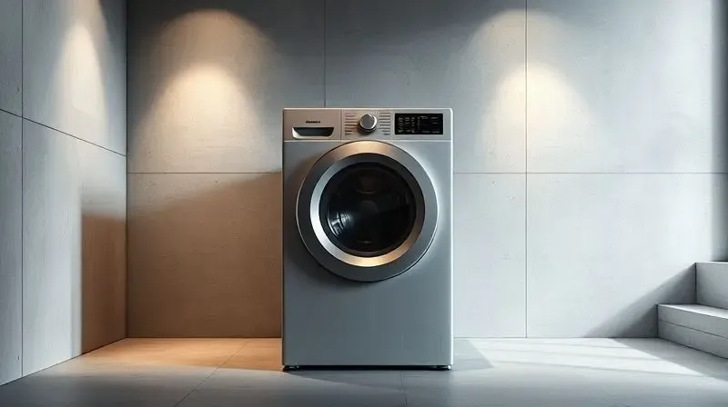 Máquina de lavar robusta em um ambiente minimalista, simbolizando a durabilidade, longevidade e a construção do aparelho.