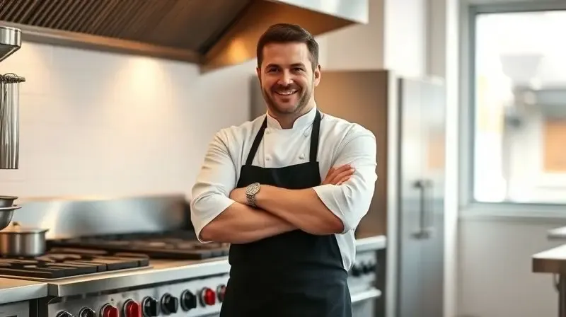 Chef de cozinha sorrindo, encostado em seu fogão industrial de inox ao final do expediente, em uma cozinha limpa e organizada.