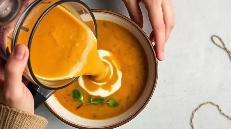 Pessoa servindo uma sopa cremosa e quente do liquidificador para uma tigela, finalizando o preparo do prato.