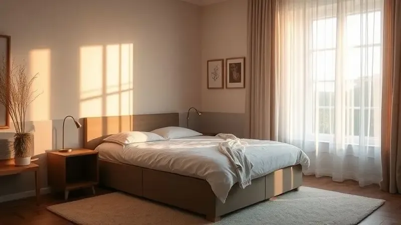 A serene and peaceful bedroom at dawn, soft light filtering through a window, highlighting a beautifully made box bed. The ov