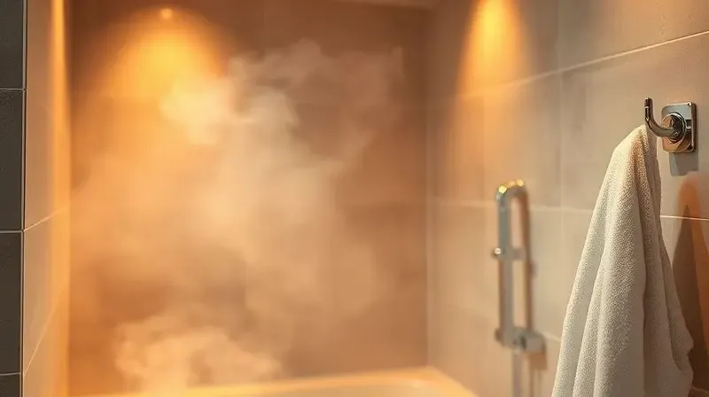 A serene and steamy modern bathroom with warm ambient lighting, steam gently rises from a shower that is just off-camera, a p