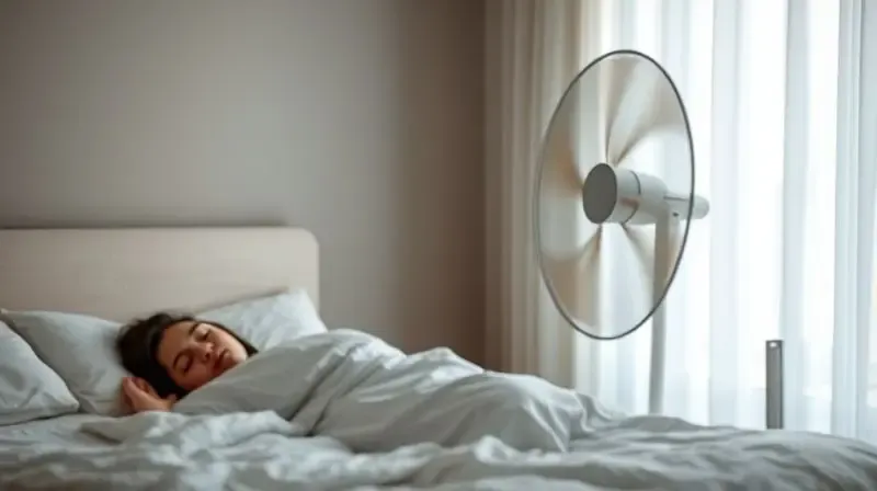 Pessoa dormindo tranquilamente em um quarto, com um ventilador moderno no canto operando de forma silenciosa e serena.