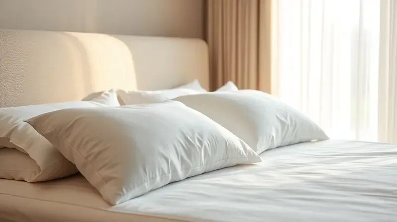 Cama de casal luxuosa com lençóis brancos e travesseiros de pluma, iluminada por uma suave luz da manhã, evocando conforto e uma noite de sono revigorante.