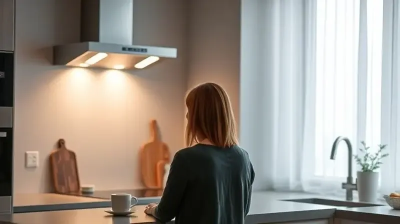 Pessoa lendo tranquilamente em uma cozinha enquanto uma coifa de parede moderna funciona de forma silenciosa ao fundo.