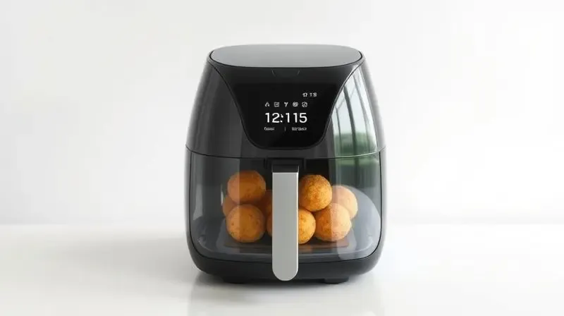 Air fryer com design futurista, corpo de vidro transparente e painel digital, representando as inovações tecnológicas para o eletrodoméstico.