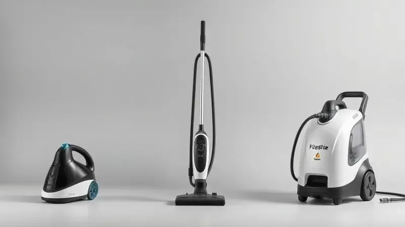 Três tipos de limpadores a vapor—portátil, de piso e profissional—alinhados lado a lado em um fundo neutro e limpo.