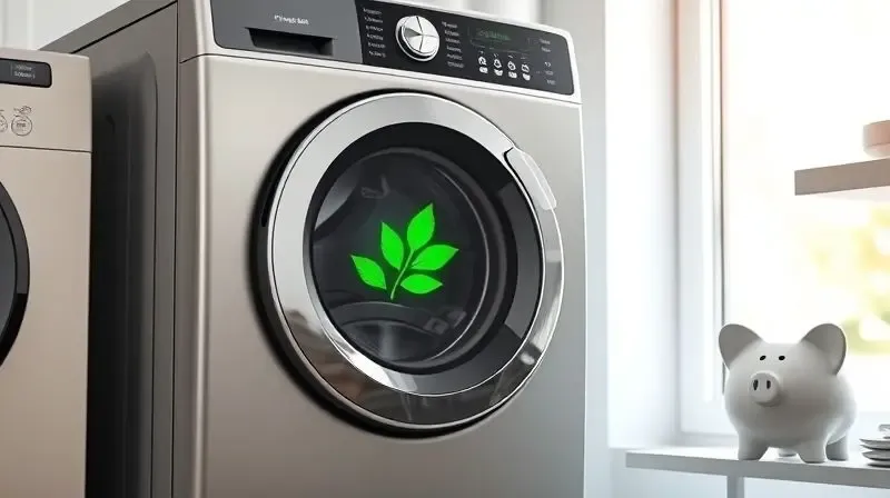 Máquina de lavar frontal moderna com um símbolo de folha verde no visor, ao lado de um cofrinho, simbolizando eficiência energética e economia.