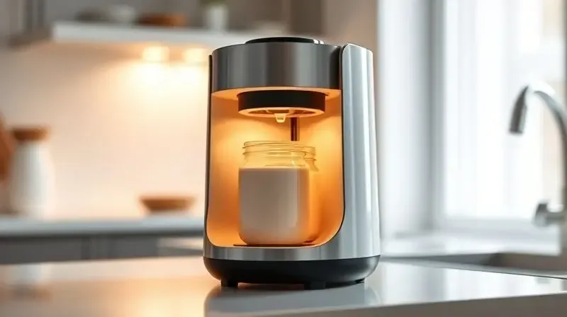 A sleek, modern yogurt maker sits on a clean kitchen counter. A soft, warm light glows from within the machine, subtly illumi