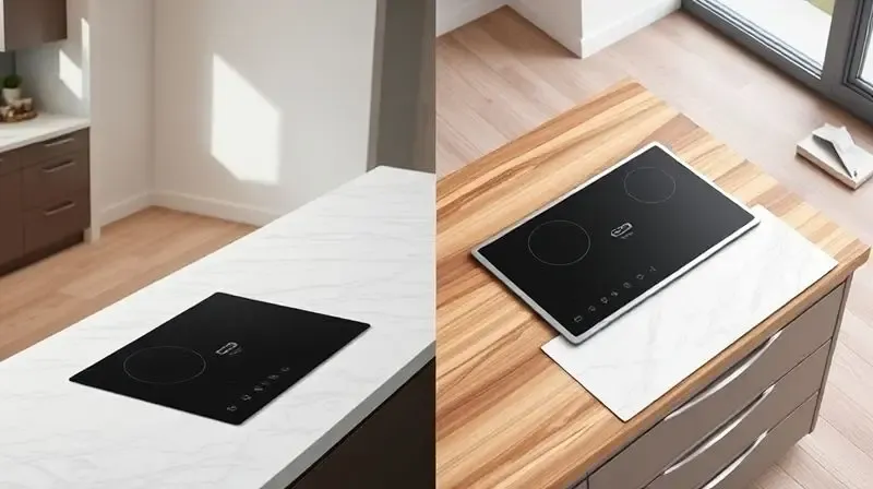 A split-screen or diptych style image. On the left, a sleek two-burner induction cooktop is seamlessly built-in and flush wit