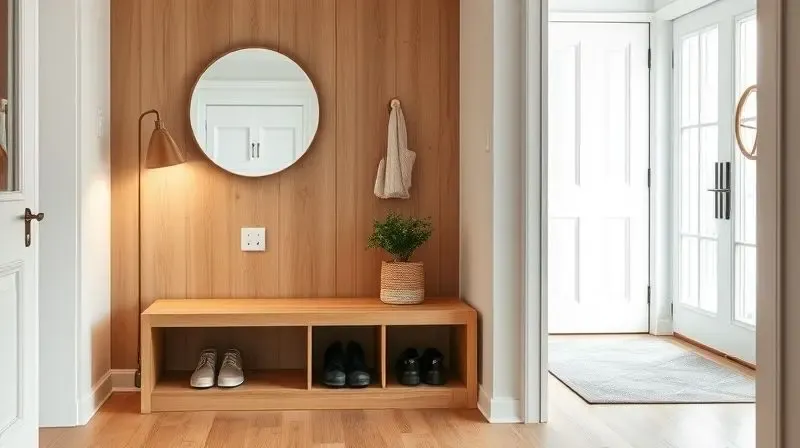 Sapateira com banco em um hall de entrada de estilo escandinavo, perfeitamente integrada à decoração com espelho e plantas.