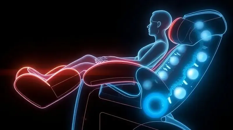 Ilustração técnica mostrando o interior de uma poltrona de massagem, com luzes que traçam o caminho dos rolos massageadores nas costas de uma pessoa.