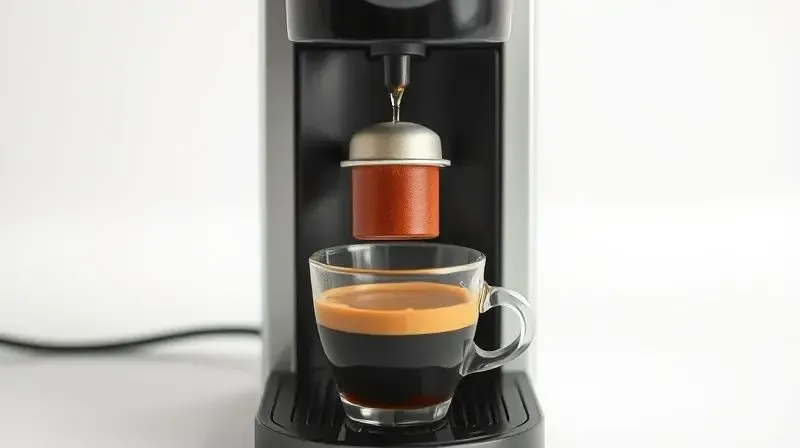 Ilustração mostrando o funcionamento interno de uma cafeteira, com água passando pela cápsula e o café caindo na xícara.