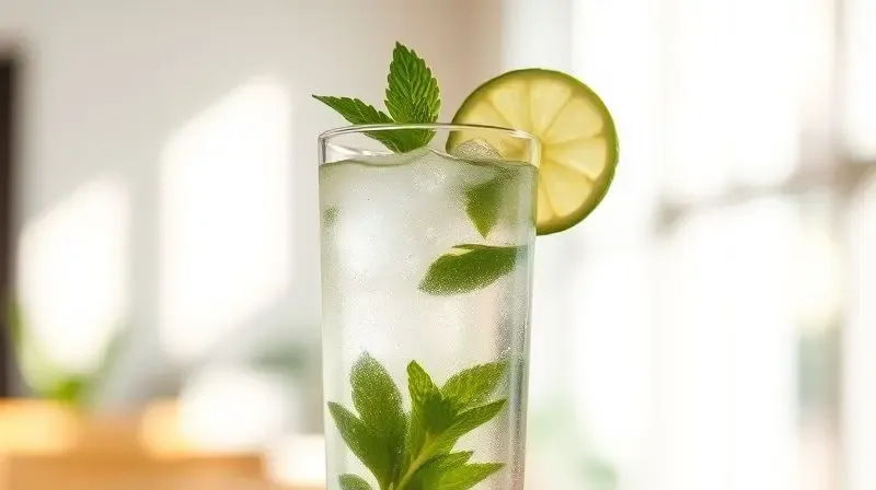 Drink de aparência leve e refrescante em um copo alto, guarnecido com hortelã e limão em um ambiente claro.