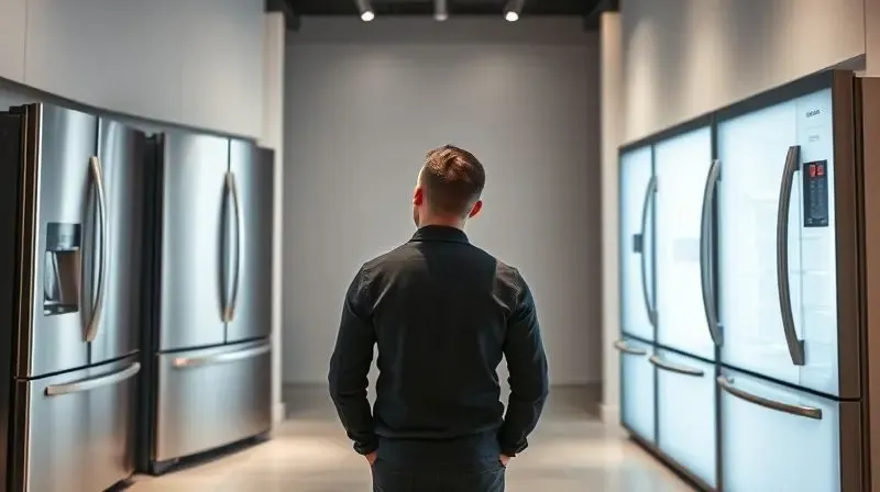 A thoughtful person stands in the middle of a minimalist appliance showroom, looking at two different, sleek, unbranded stain