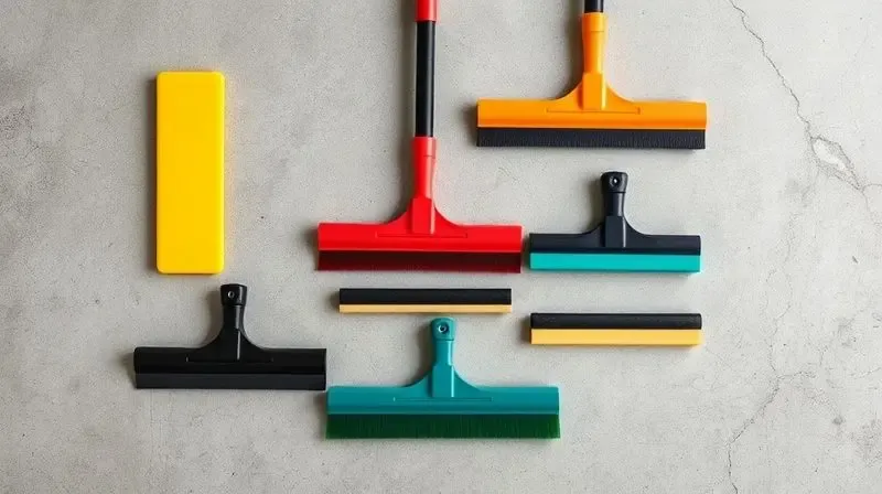 Vários tipos de rodos de limpeza alinhados, mostrando a diversidade de materiais como borracha, silicone e espuma.