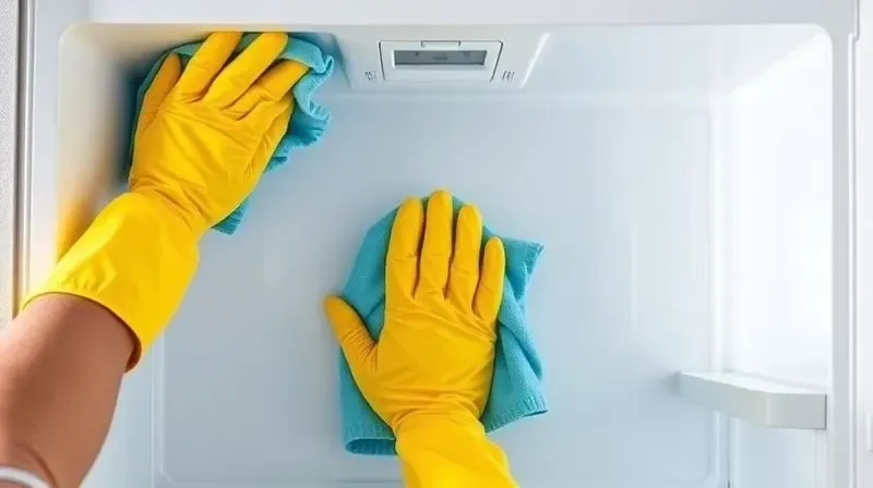 Pessoa limpando o interior de um freezer horizontal vazio e descongelado com um pano.