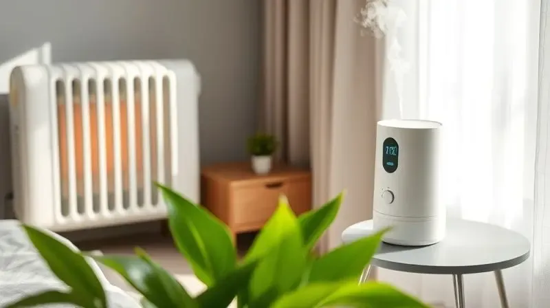 Ambiente com aquecedor ligado ao lado de um umidificador de ar que solta uma névoa suave, com uma planta ao fundo.