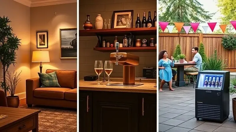Composição de três cenas: um bar, uma festa em casa e um evento ao ar livre, cada um com uma chopeira.