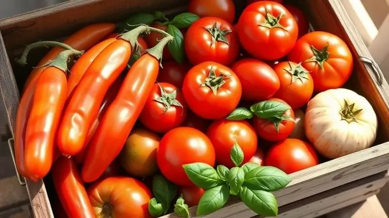 A vibrant, detailed photograph of a rustic wooden crate filled with a variety of fresh sauce tomatoes, including elongated Sa