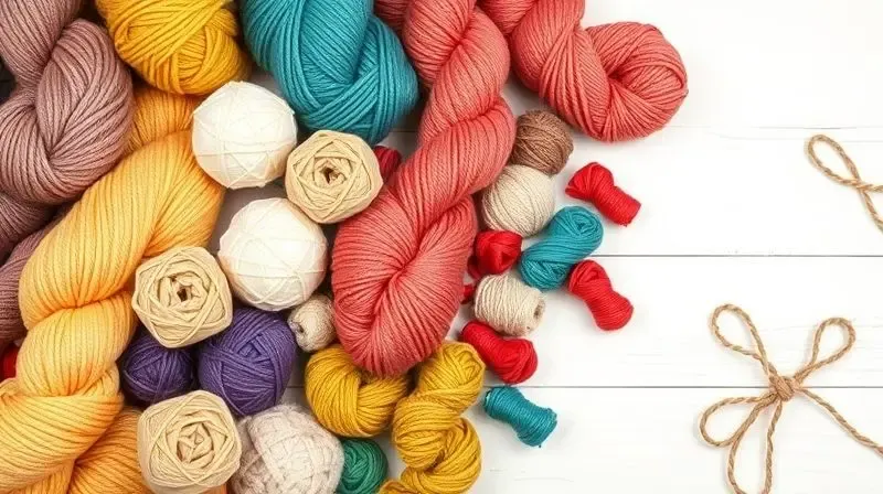 Composição artística com novelos e meadas de fios, lãs e barbantes de crochê em diversas cores e texturas.