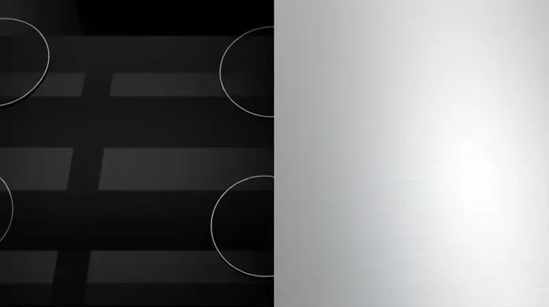 A visually striking split-image or a single angled shot clearly comparing a sleek black glass stovetop on one side and a clas