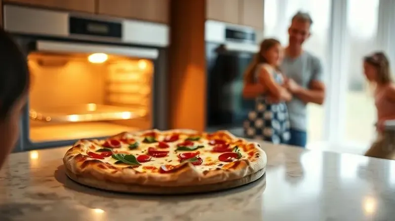 Cena final em uma cozinha com uma família feliz ao fundo e uma pizza na bancada em frente ao forno.