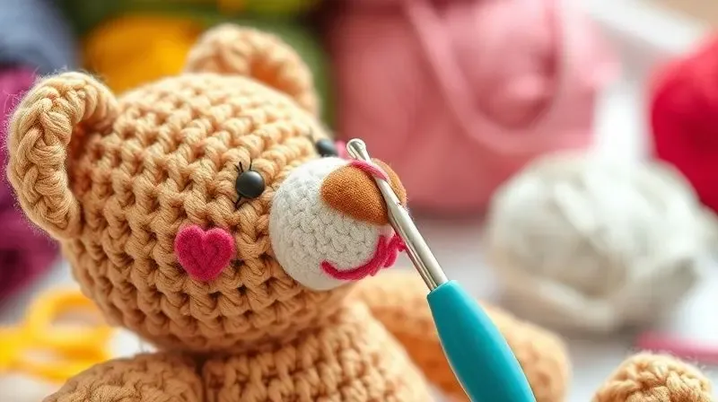 Um boneco de amigurumi de ursinho sendo confeccionado, com a agulha de crochê ainda presa aos pontos do trabalho.