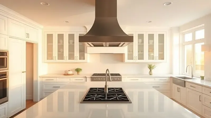 Cozinha com ilha e coifa perfeitamente integradas, com ambiente limpo e arejado, simbolizando um projeto bem-sucedido.