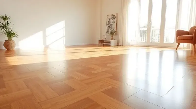 Sala de estar impecavelmente limpa, com o piso de madeira brilhando sob a luz do sol que entra pela janela.