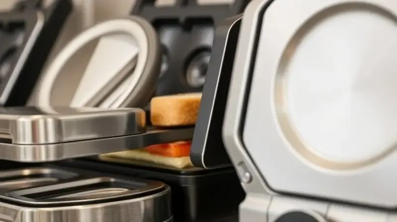 Detalhe de várias sanduicheiras alinhadas, focando na qualidade dos materiais e construção, sem mostrar marcas.