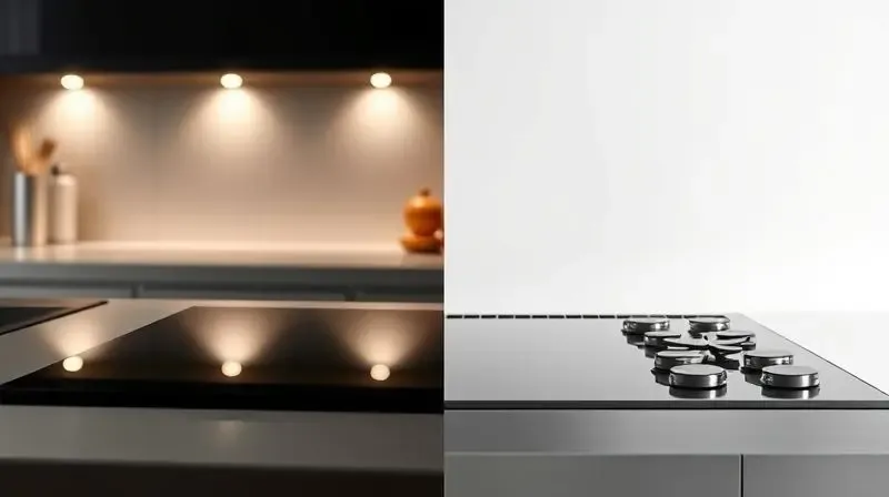 Comparativo lado a lado mostrando a superfície de uma mesa de fogão de vidro preto e uma de inox escovado, destacando as texturas.