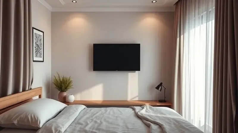 Quarto de dormir aconchegante com um painel de TV compacto instalado na parede, demonstrando uma opção de ambiente para o móvel.