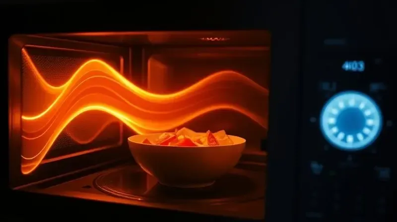 Representação abstrata de ondas de energia brilhantes aquecendo alimentos dentro de um micro-ondas, explicando seu funcionamento.