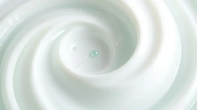 Foto macro de uma amostra de creme dental, com partículas brilhantes que representam os ingredientes ativos para a saúde bucal.