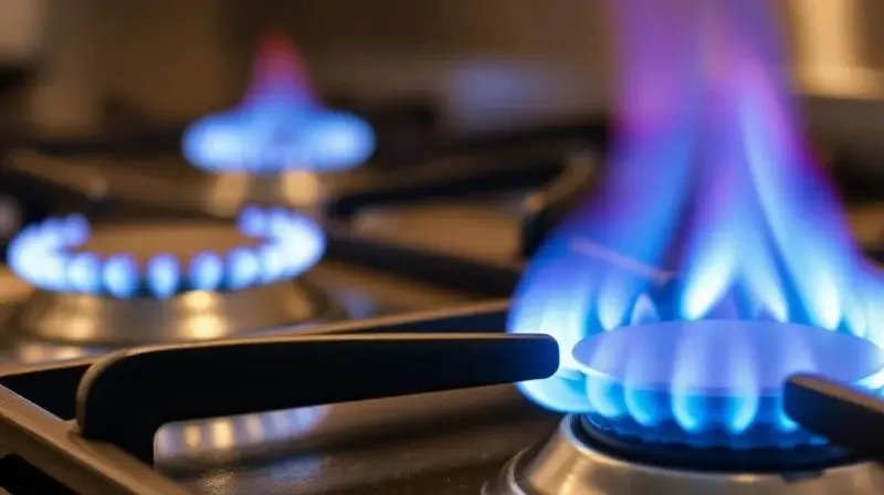 An artistic macro shot focusing on the different burners of a 5-burner stove. In the foreground, a powerful triple-flame burn