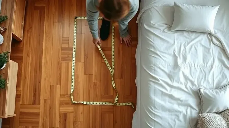An artistic, top-down shot of a person using a measuring tape on a hardwood floor to mark the dimensions for a new bed in a c