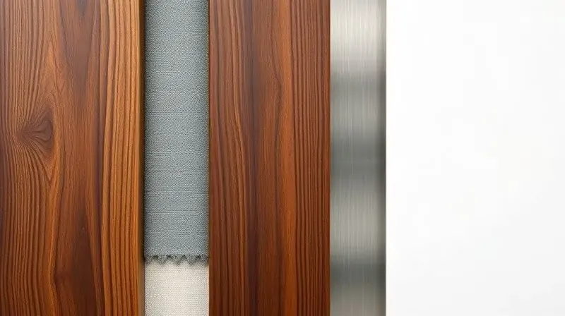 Amostras de materiais para sapateiras, incluindo madeira, metal, tecido e plástico, dispostas para comparação de textura e durabilidade.