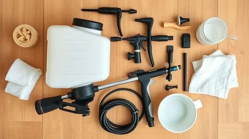 Pulverizador manual desmontado com peças organizadas em uma bancada ao lado de materiais de limpeza, ilustrando a manutenção.