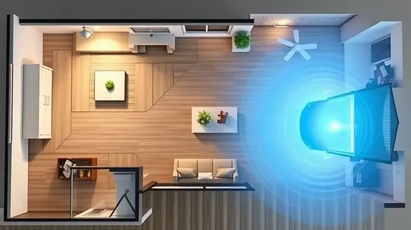 Ilustração de uma planta baixa de apartamento mostrando a área de cobertura de um purificador de ar com uma aura azul.