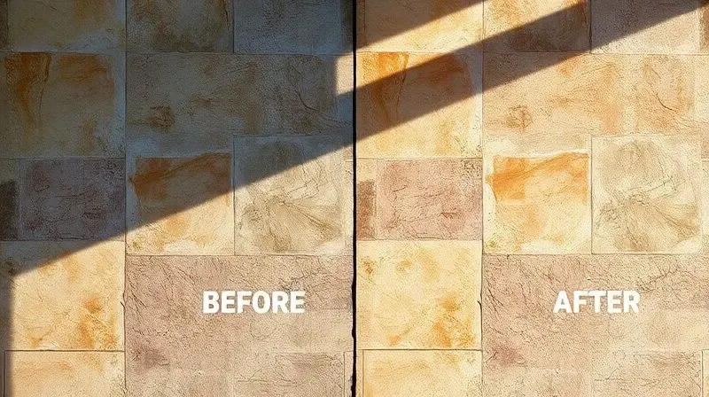 Comparação de antes e depois em um piso de pedra, com um lado sujo e outro perfeitamente limpo, mostrando a eficácia de um limpa pedra.