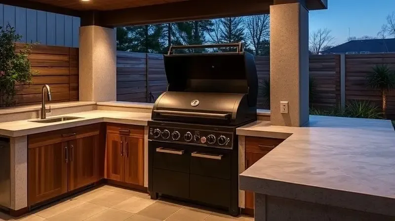 Churrasqueira a carvão com design moderno e minimalista, embutida em uma bancada de cozinha gourmet externa.