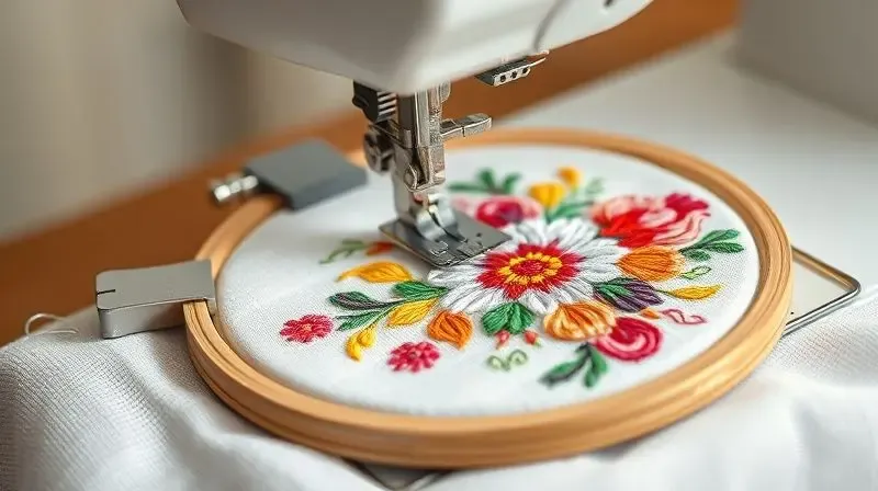 Close-up de um bastidor em uma máquina de bordar, com uma agulha criando um desenho colorido em tecido, ilustrando a importância da área de bordado.