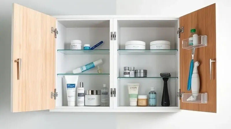 Interior de uma espelheira de banheiro com porta aberta, mostrando prateleiras organizadas com produtos de higiene pessoal.