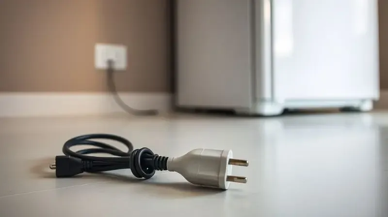 Artistic, conceptual photo focusing on an unplugged refrigerator power cord lying on a clean floor next to a wall outlet. The