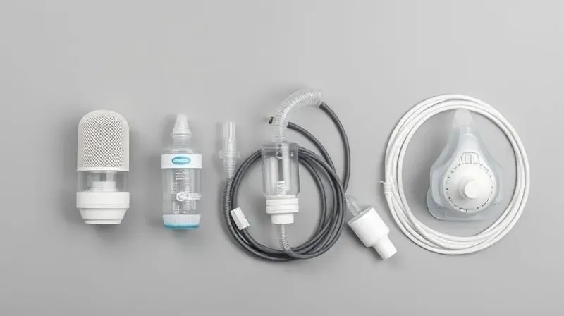 Artistic flat lay of various nebulizer technologies side-by-side on a neutral gray background: a mesh nebulizer, an ultrasoni