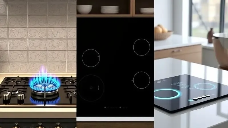 Artistic photorealistic composite image displaying three types of cooktops side-by-side in a modern kitchen setting: a gas st